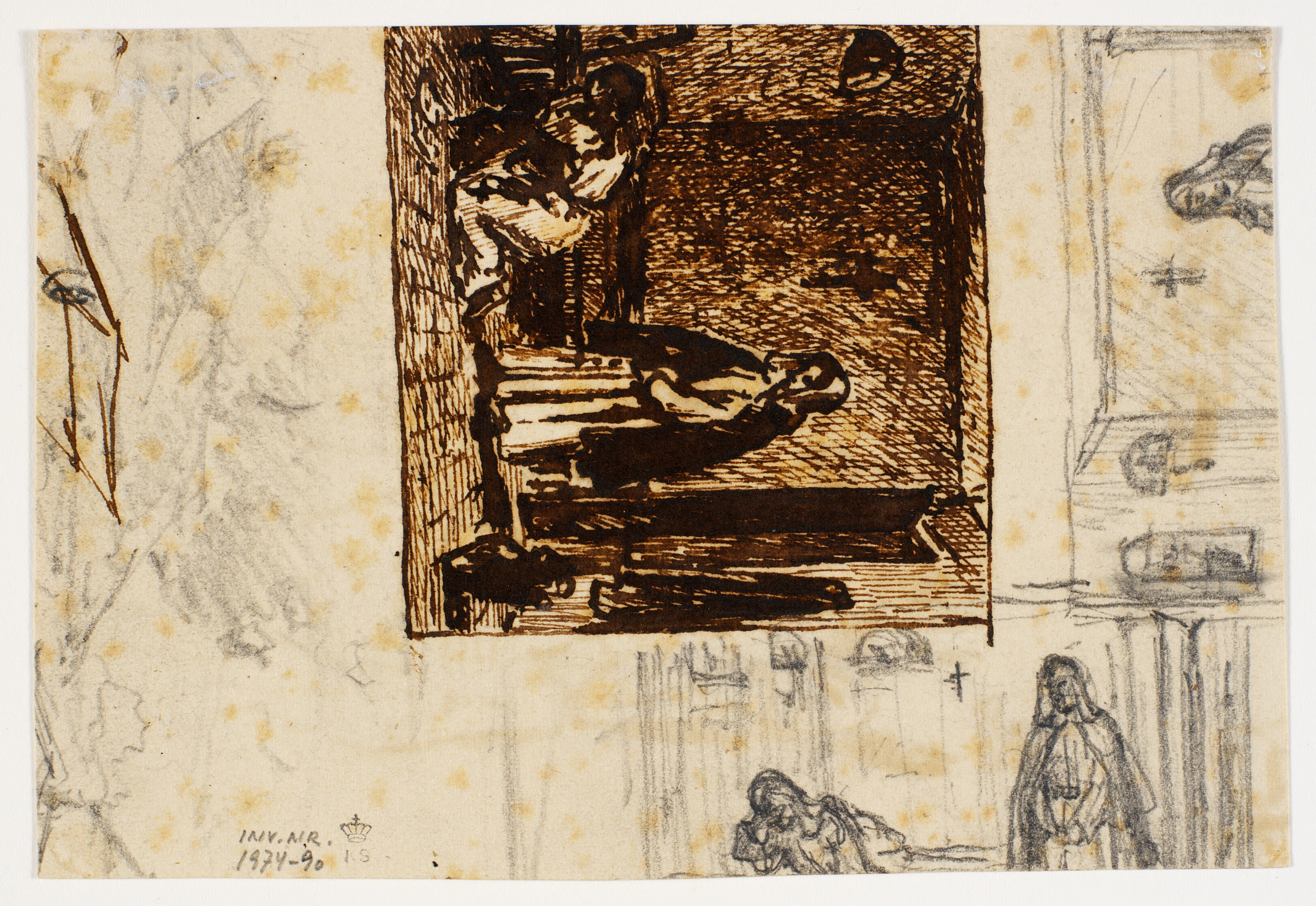 Tre fragmenter af komposition med knælende kvinde og en nonne samt fragmenter af en anden skitse